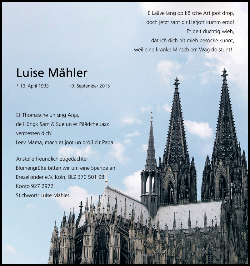  Traueranzeige für Luise Mähler vom 11.09.2015 aus Kölner Stadt-Anzeiger / Kölnische Rundschau / Express