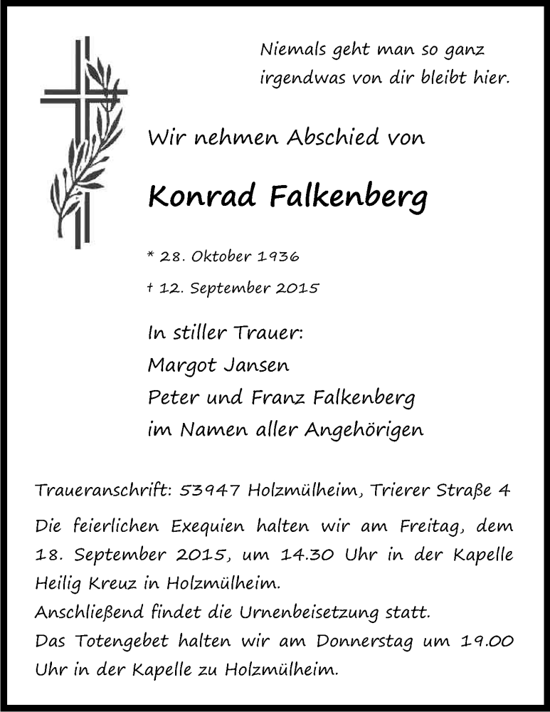  Traueranzeige für Konrad Falkenberg vom 15.09.2015 aus Kölner Stadt-Anzeiger / Kölnische Rundschau / Express