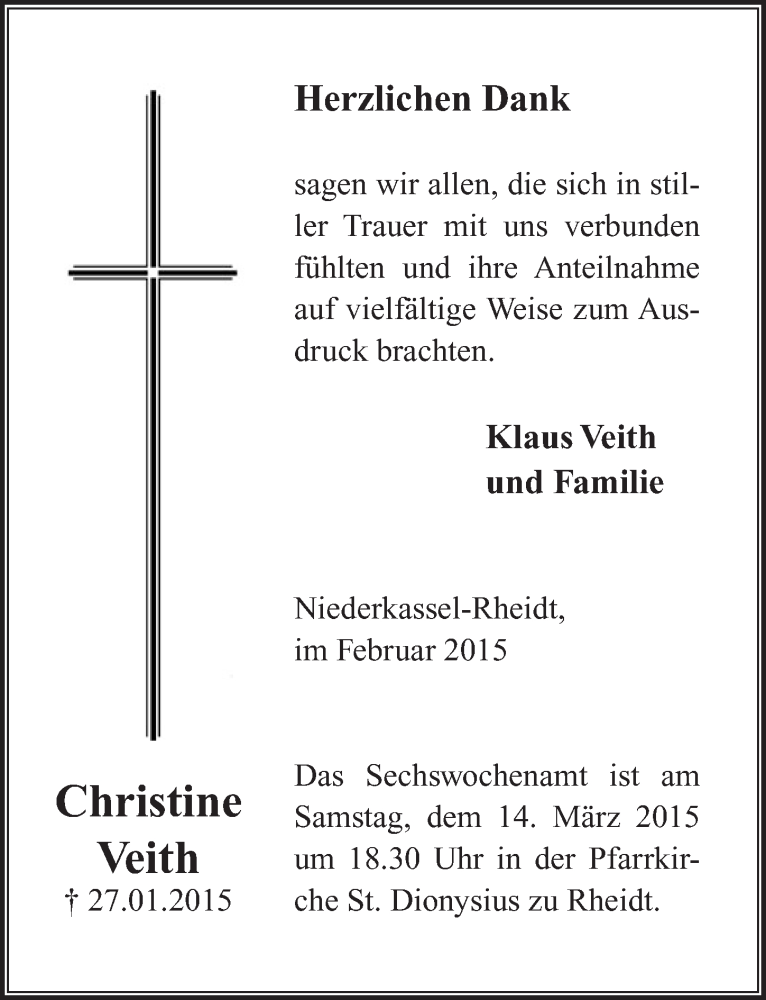  Traueranzeige für Christine Veith vom 21.02.2015 aus  Rhein-Sieg-Wochenende 