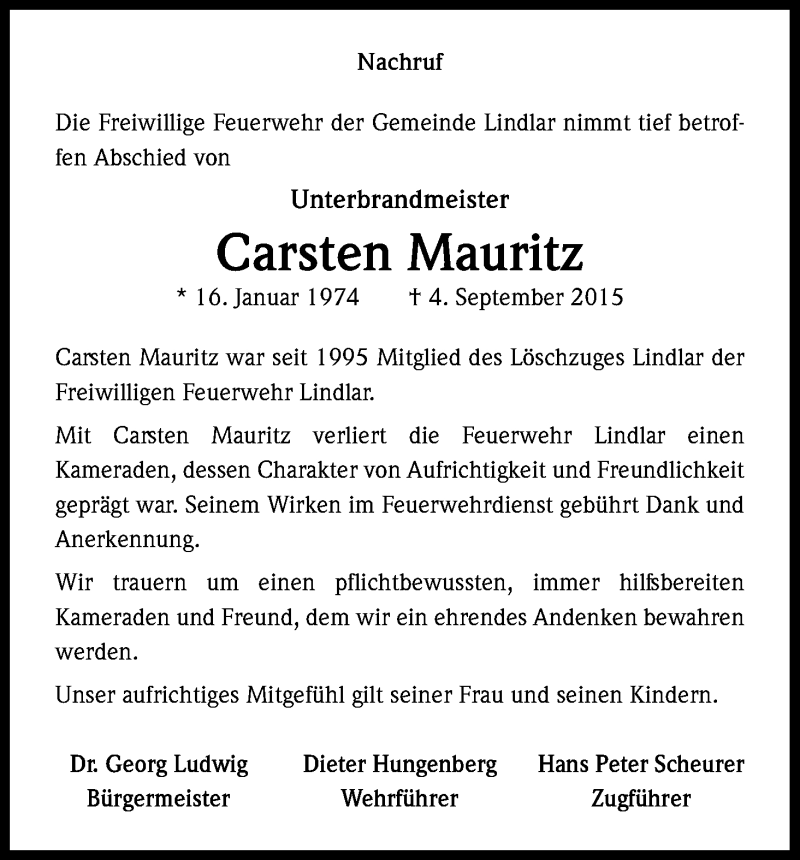  Traueranzeige für Carsten Mauritz vom 12.09.2015 aus Kölner Stadt-Anzeiger / Kölnische Rundschau / Express