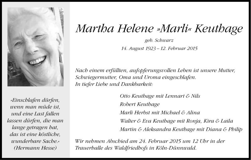  Traueranzeige für Martha Helene Keuthage vom 18.02.2015 aus Kölner Stadt-Anzeiger / Kölnische Rundschau / Express