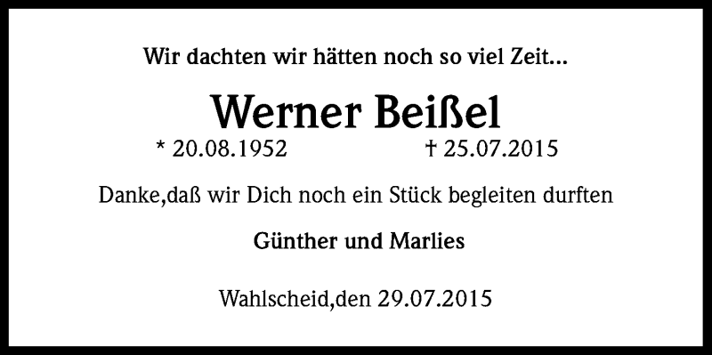  Traueranzeige für Werner Beißel vom 31.07.2015 aus Kölner Stadt-Anzeiger / Kölnische Rundschau / Express