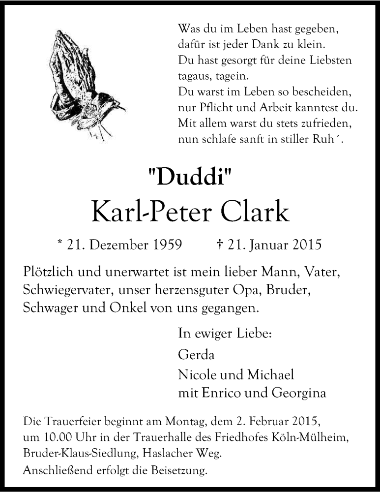  Traueranzeige für Karl-Peter Clark vom 29.01.2015 aus Kölner Stadt-Anzeiger / Kölnische Rundschau / Express