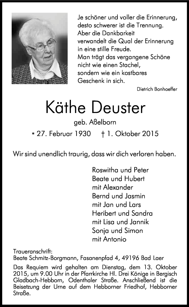  Traueranzeige für Käthe Deuster vom 07.10.2015 aus Kölner Stadt-Anzeiger / Kölnische Rundschau / Express
