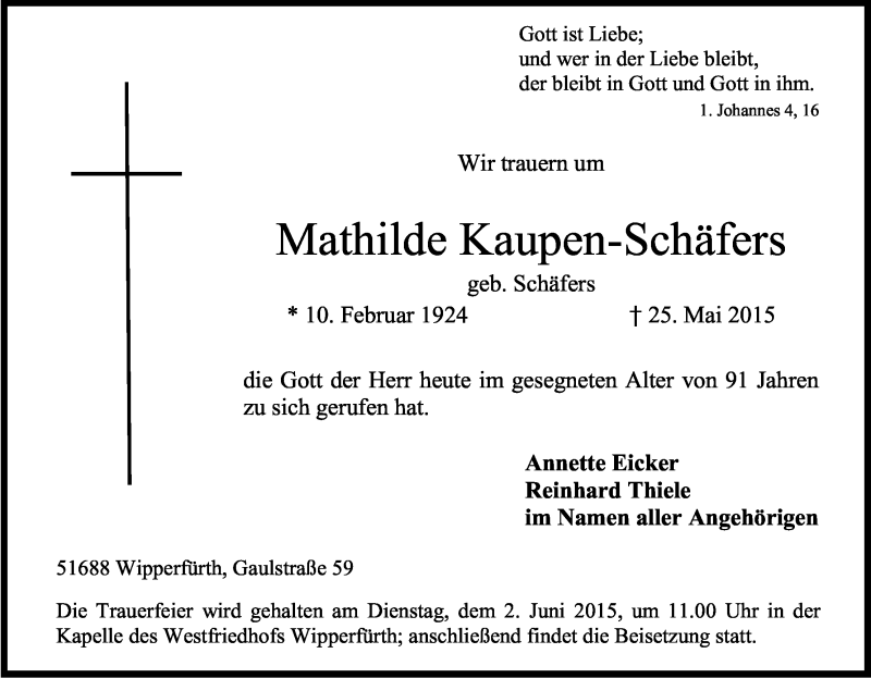  Traueranzeige für Mathilde Kaupen-Schäfers vom 29.05.2015 aus Kölner Stadt-Anzeiger / Kölnische Rundschau / Express