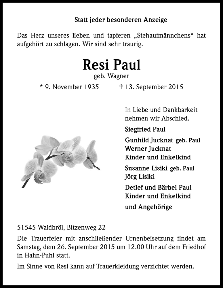  Traueranzeige für Resi Paul vom 19.09.2015 aus Kölner Stadt-Anzeiger / Kölnische Rundschau / Express
