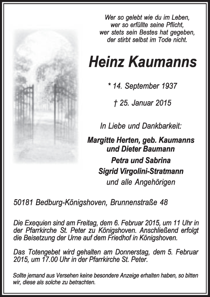  Traueranzeige für Heinz Kaumanns vom 31.01.2015 aus  Sonntags-Post 