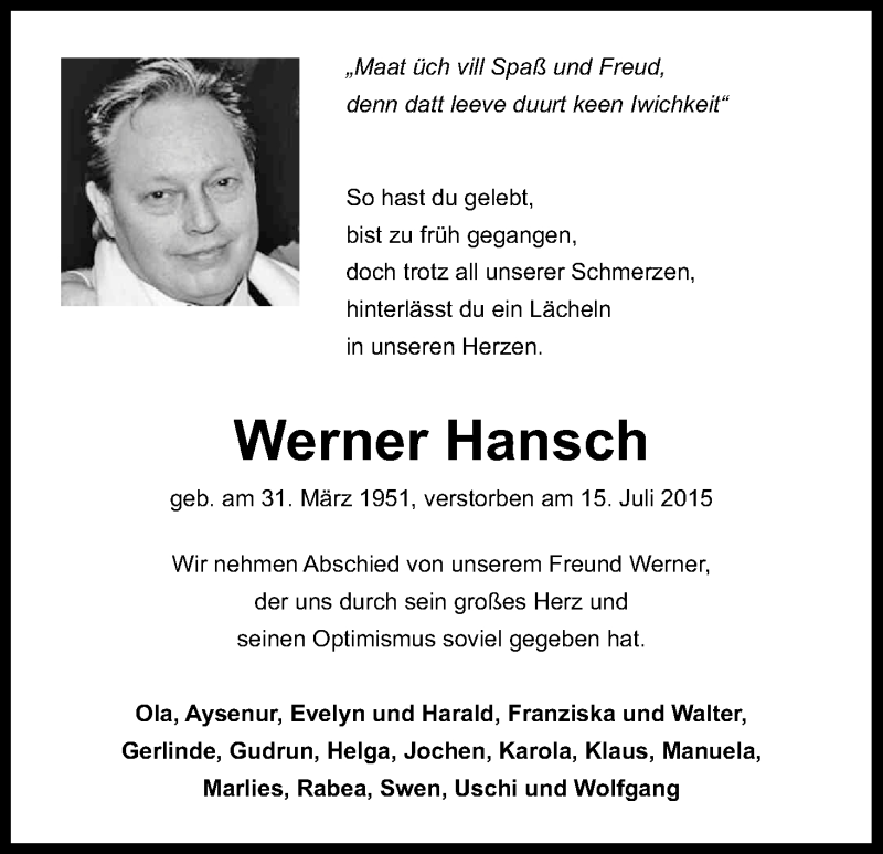  Traueranzeige für Werner Hansch vom 01.08.2015 aus Kölner Stadt-Anzeiger / Kölnische Rundschau / Express
