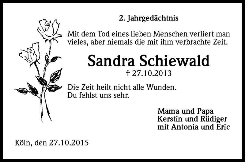  Traueranzeige für Sandra Schiewald vom 27.10.2015 aus Kölner Stadt-Anzeiger / Kölnische Rundschau / Express