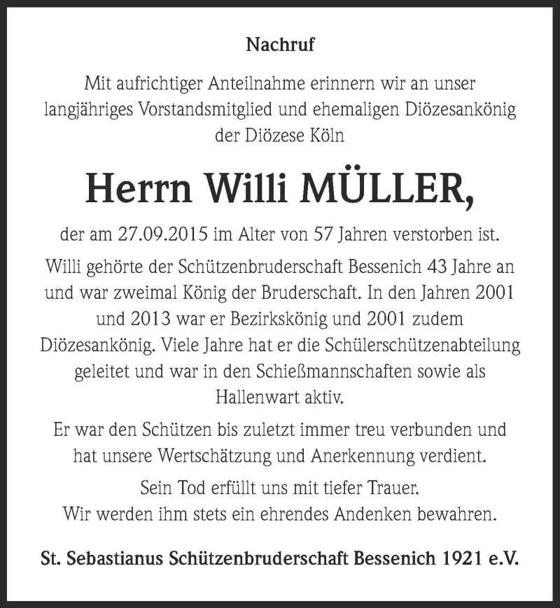  Traueranzeige für Willi Müller vom 04.10.2015 aus  Blickpunkt Euskirchen 