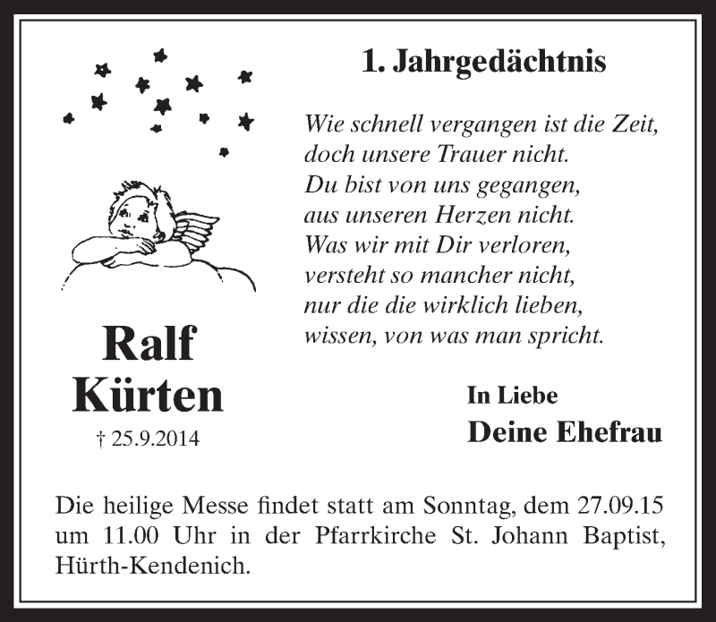  Traueranzeige für Ralf Kürten vom 19.09.2015 aus  Sonntags-Post 