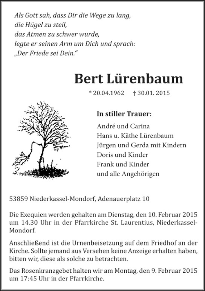  Traueranzeige für Bert Lürenbaum vom 11.02.2015 aus  Extra Blatt 