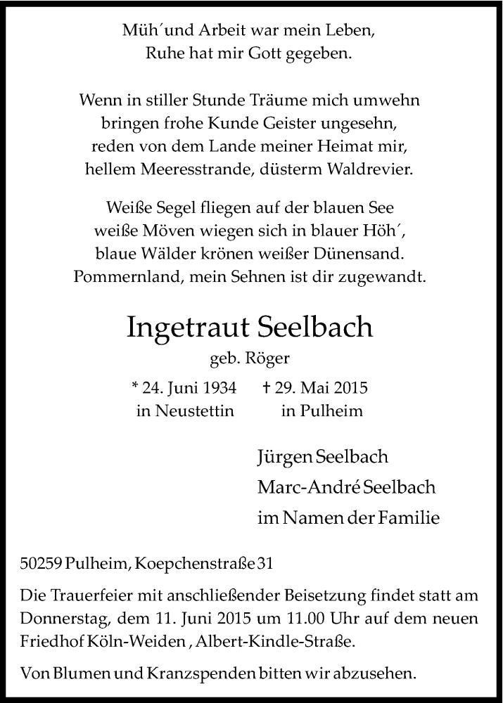  Traueranzeige für Ingetraut Seelbach vom 08.06.2015 aus Kölner Stadt-Anzeiger / Kölnische Rundschau / Express