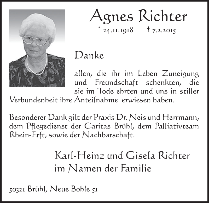  Traueranzeige für Agnes Richter vom 04.03.2015 aus  Schlossbote/Werbekurier 