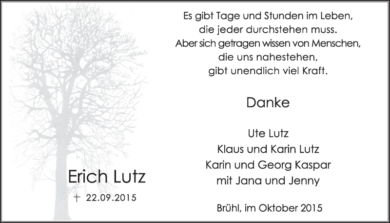  Traueranzeige für Erich Lutz vom 28.10.2015 aus  Schlossbote/Werbekurier 