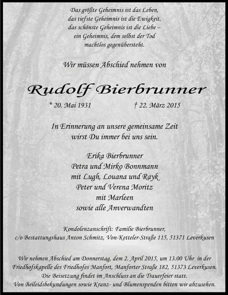  Traueranzeige für Rudolf Bierbrunner vom 28.03.2015 aus Kölner Stadt-Anzeiger / Kölnische Rundschau / Express