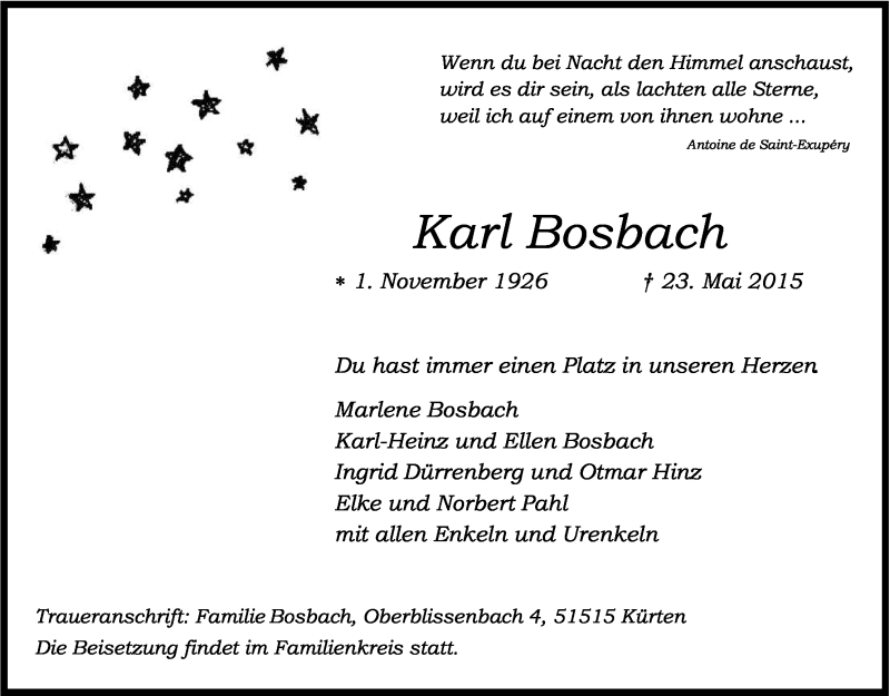  Traueranzeige für Karl Bosbach vom 29.05.2015 aus Kölner Stadt-Anzeiger / Kölnische Rundschau / Express