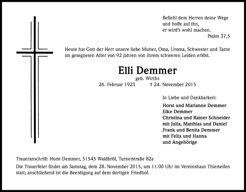  Traueranzeige für Elli Demmer vom 27.11.2015 aus Kölner Stadt-Anzeiger / Kölnische Rundschau / Express