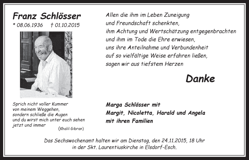  Traueranzeige für Franz Schlösser vom 18.11.2015 aus  Werbepost 