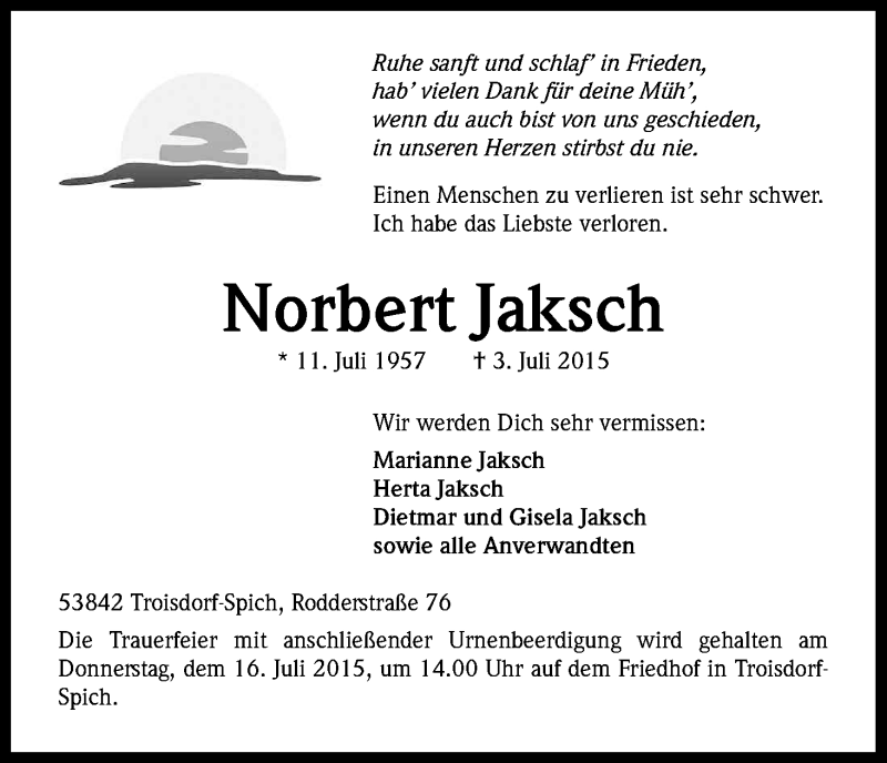  Traueranzeige für Norbert Jaksch vom 13.07.2015 aus Kölner Stadt-Anzeiger / Kölnische Rundschau / Express