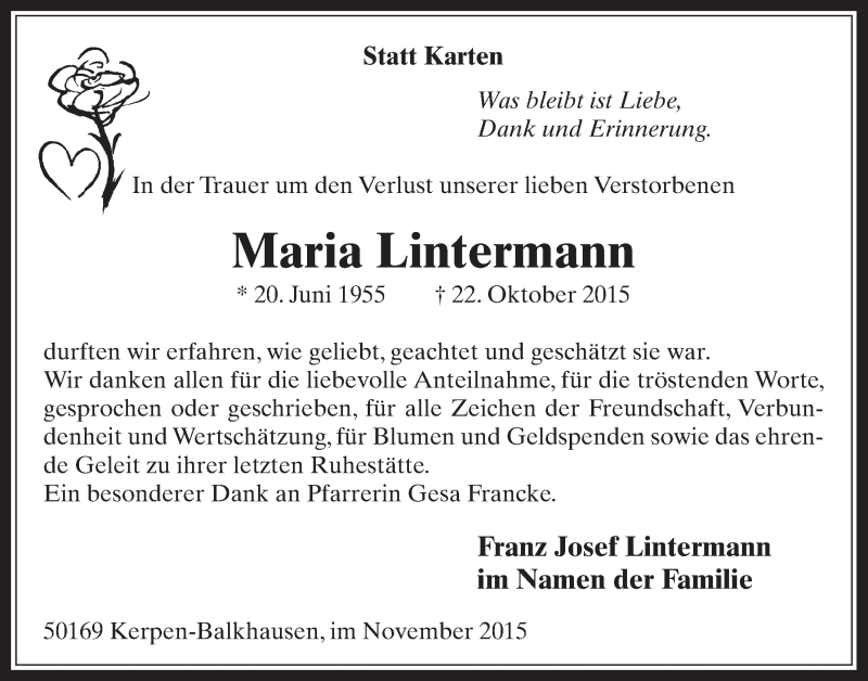  Traueranzeige für Maria Lintermann vom 25.11.2015 aus  Werbepost 