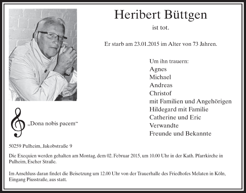  Traueranzeige für Heribert Büttgen vom 31.01.2015 aus  Sonntags-Post 