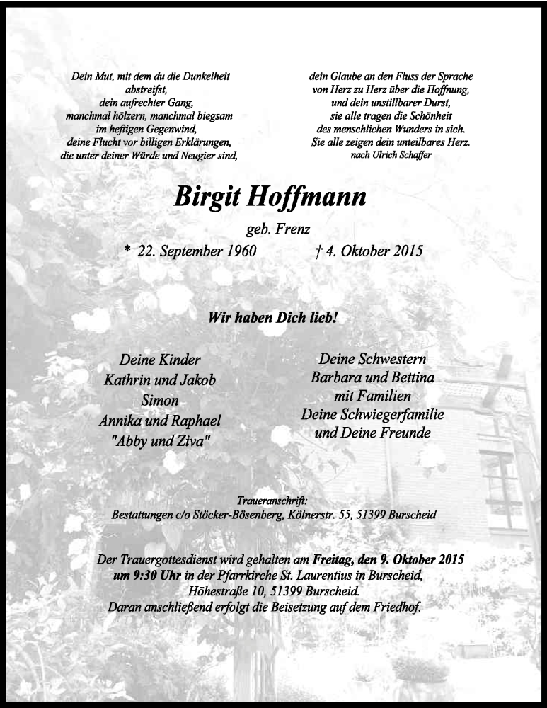  Traueranzeige für Birgit Hoffmann vom 07.10.2015 aus Kölner Stadt-Anzeiger / Kölnische Rundschau / Express