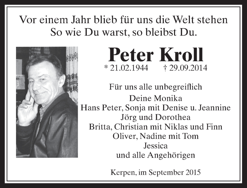  Traueranzeige für Peter Kroll vom 30.09.2015 aus  Werbepost 