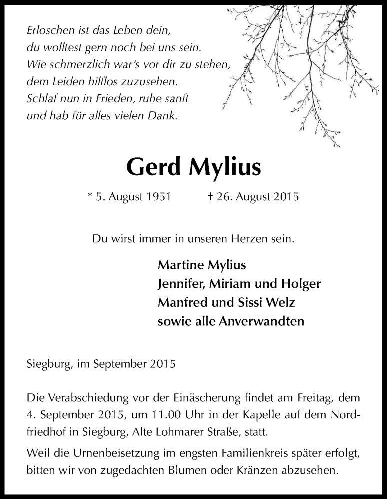  Traueranzeige für Gerd Mylius vom 01.09.2015 aus Kölner Stadt-Anzeiger / Kölnische Rundschau / Express
