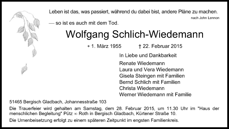  Traueranzeige für Wolfgang Schlich-Wiedemann vom 25.02.2015 aus Kölner Stadt-Anzeiger / Kölnische Rundschau / Express