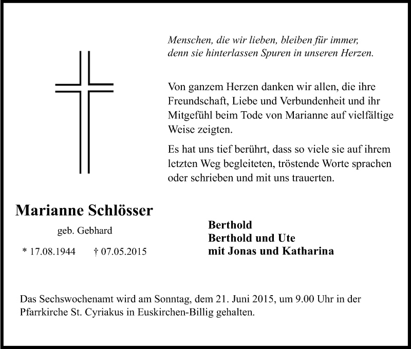  Traueranzeige für Marianne Schlösser vom 10.06.2015 aus Kölner Stadt-Anzeiger / Kölnische Rundschau / Express