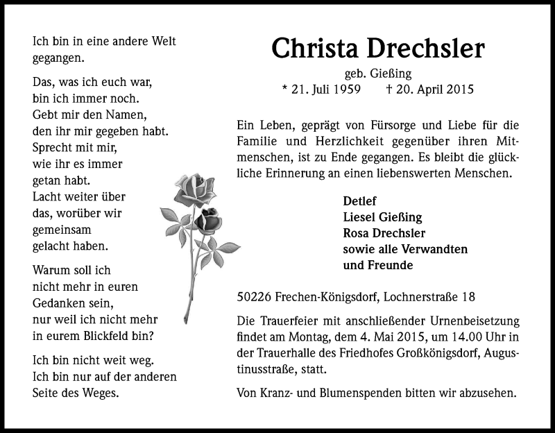  Traueranzeige für Christa Drechsler vom 25.04.2015 aus Kölner Stadt-Anzeiger / Kölnische Rundschau / Express