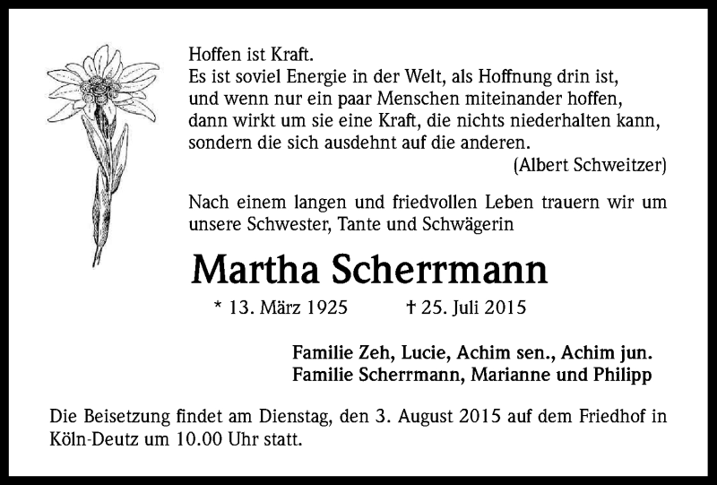  Traueranzeige für Martha Scherrmann vom 03.08.2015 aus Kölner Stadt-Anzeiger / Kölnische Rundschau / Express