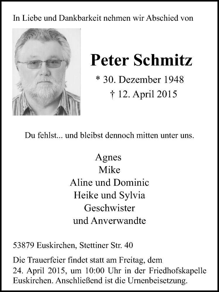  Traueranzeige für Peter Schmitz vom 19.04.2015 aus  Blickpunkt Euskirchen 