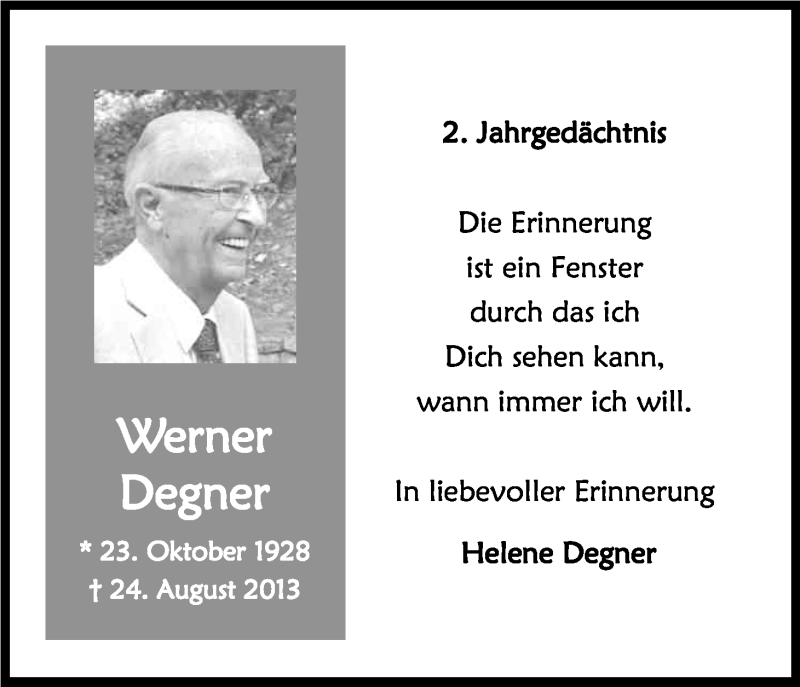  Traueranzeige für Werner Degner vom 26.08.2015 aus Kölner Stadt-Anzeiger / Kölnische Rundschau / Express