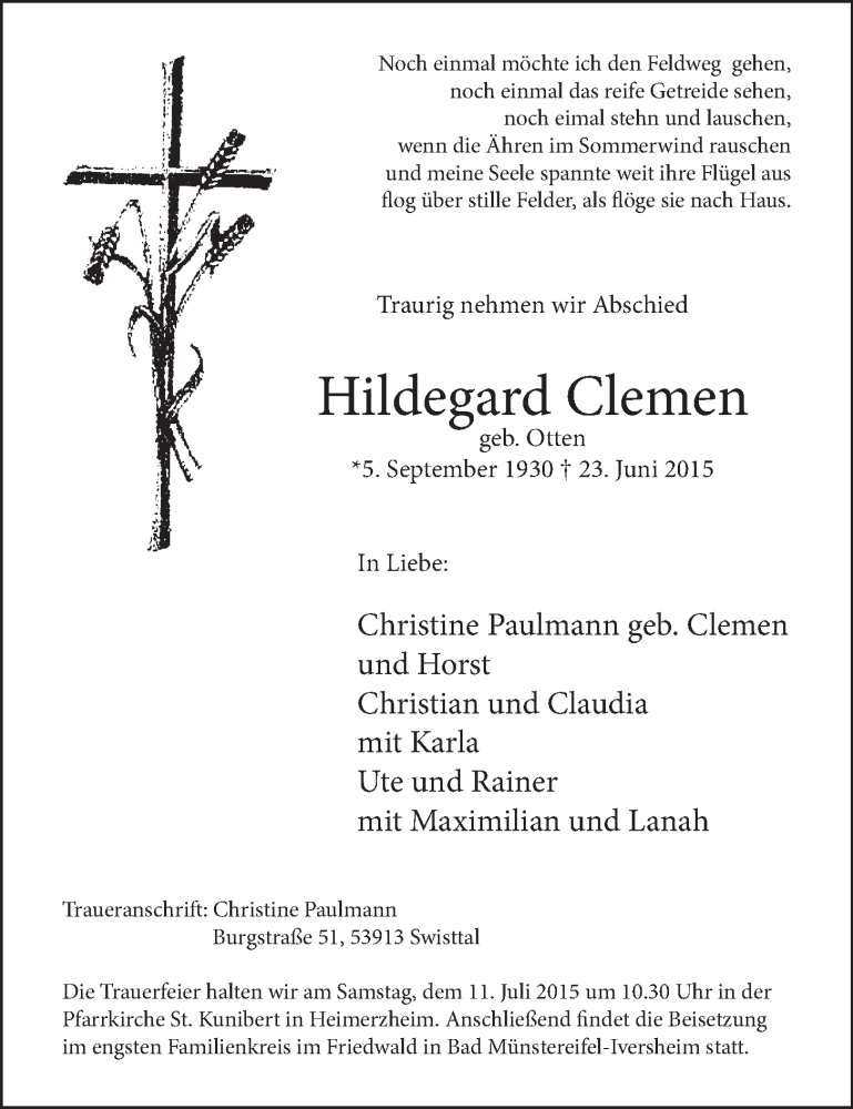  Traueranzeige für Hildegard Clemen vom 08.07.2015 aus  Schaufenster/Blickpunkt 