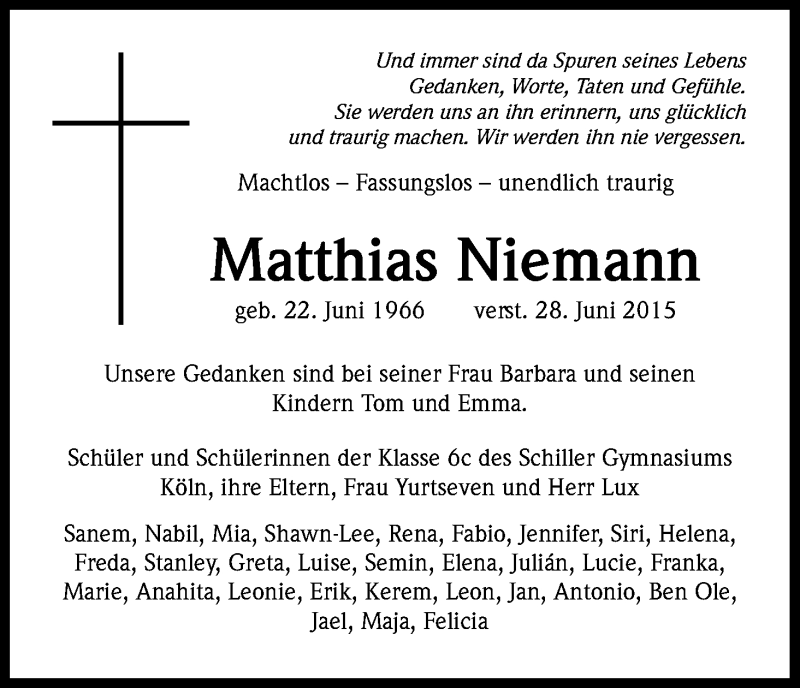  Traueranzeige für Matthias Niemann vom 04.07.2015 aus Kölner Stadt-Anzeiger / Kölnische Rundschau / Express