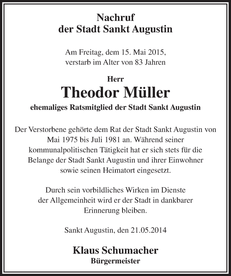  Traueranzeige für Theodor Müller vom 27.05.2015 aus  Extra Blatt 