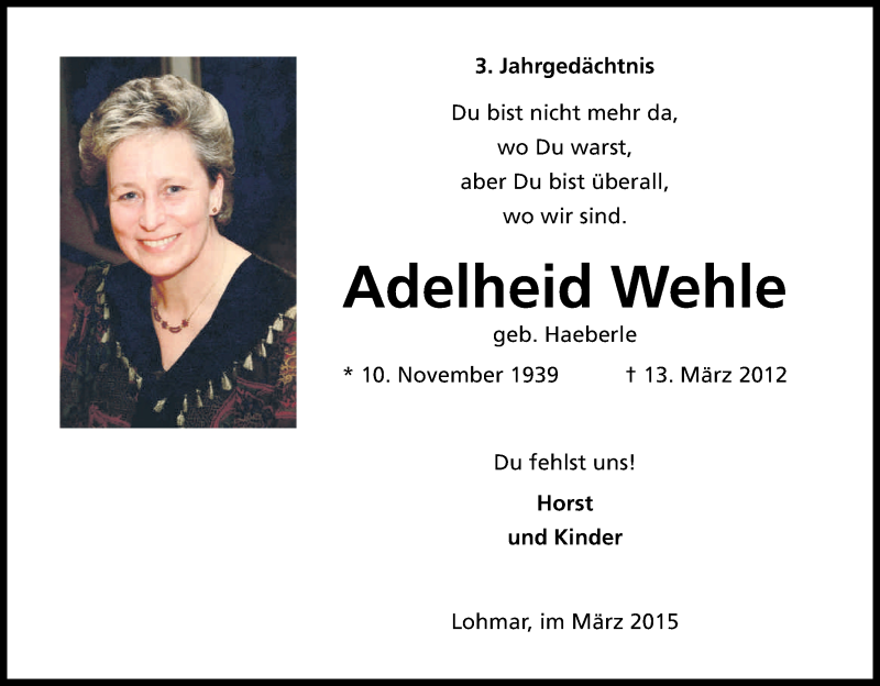  Traueranzeige für Adelheid Wehle vom 13.03.2015 aus Kölner Stadt-Anzeiger / Kölnische Rundschau / Express