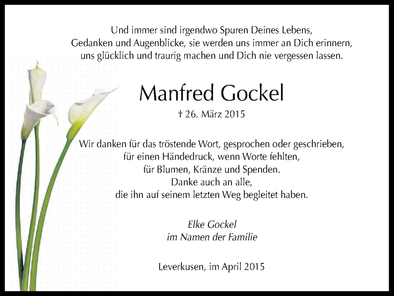  Traueranzeige für Manfred Gockel vom 30.04.2015 aus Kölner Stadt-Anzeiger / Kölnische Rundschau / Express
