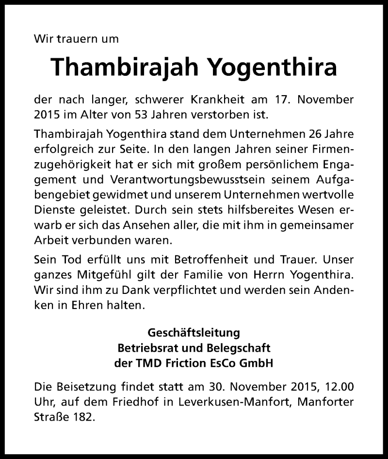  Traueranzeige für Thambirajah Yogenthira vom 26.11.2015 aus Kölner Stadt-Anzeiger / Kölnische Rundschau / Express