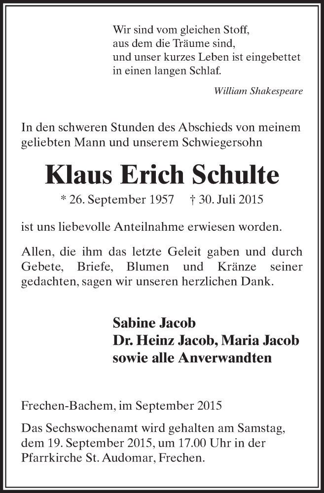  Traueranzeige für Klaus Erich Schulte vom 05.09.2015 aus  Sonntags-Post 