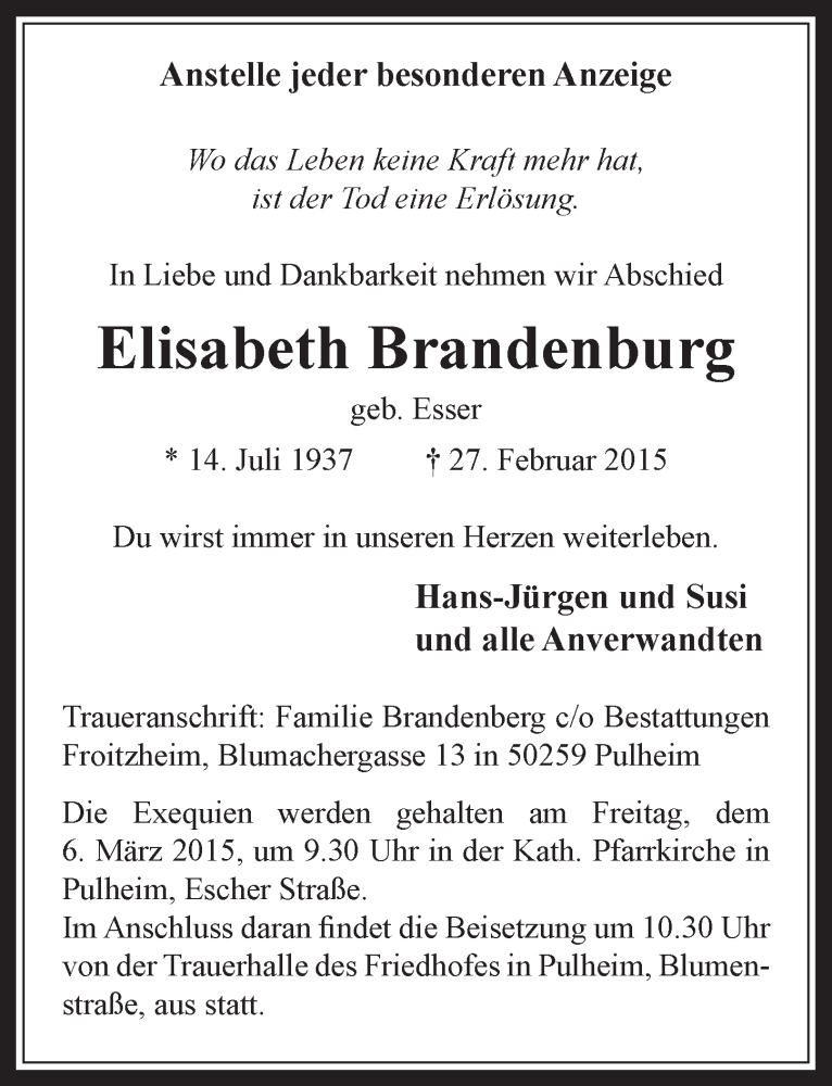  Traueranzeige für Elisabeth Brandenburg vom 04.03.2015 aus  Wochenende 