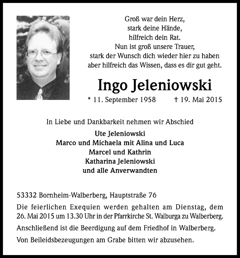  Traueranzeige für Ingo Jeleniowski vom 26.05.2015 aus Kölner Stadt-Anzeiger / Kölnische Rundschau / Express