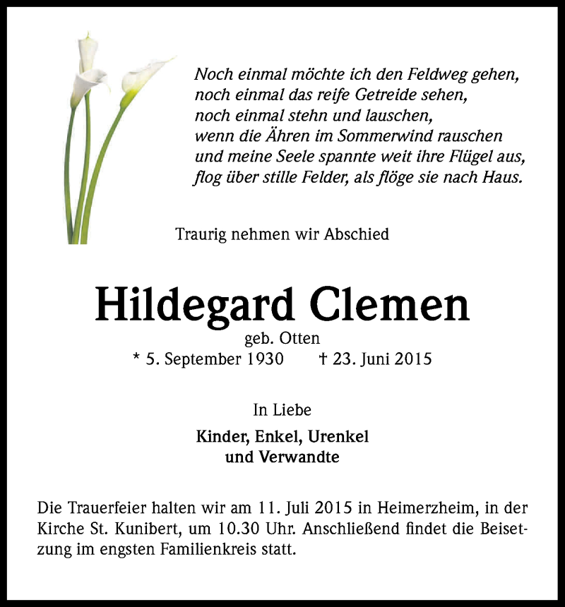  Traueranzeige für Hildegard Clemen vom 04.07.2015 aus Kölner Stadt-Anzeiger / Kölnische Rundschau / Express