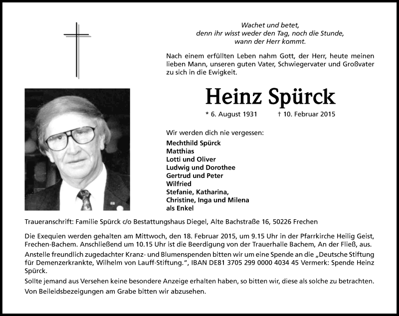  Traueranzeige für Heinz Spürck vom 14.02.2015 aus Kölner Stadt-Anzeiger / Kölnische Rundschau / Express