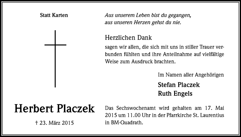  Traueranzeige für Herbert Placzek vom 09.05.2015 aus Kölner Stadt-Anzeiger / Kölnische Rundschau / Express