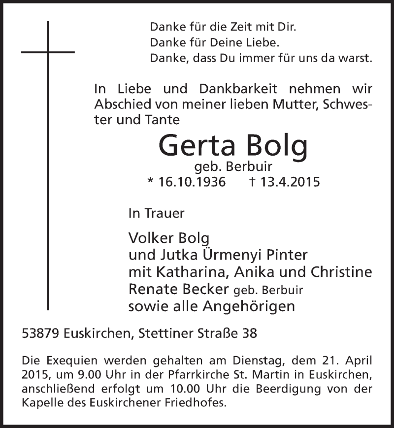  Traueranzeige für Gerta Bolg vom 19.04.2015 aus  Blickpunkt Euskirchen 