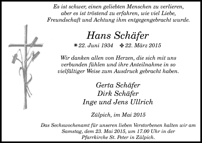  Traueranzeige für Hans Schäfer vom 16.05.2015 aus Kölner Stadt-Anzeiger / Kölnische Rundschau / Express
