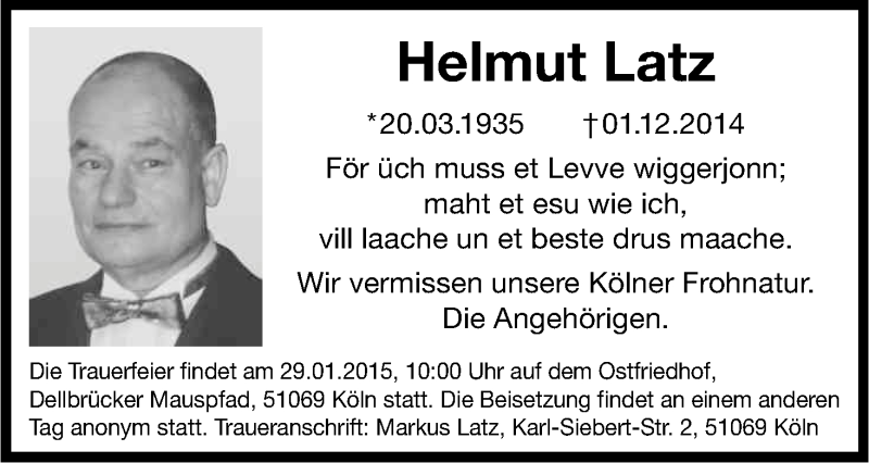  Traueranzeige für Helmut Latz vom 24.01.2015 aus Kölner Stadt-Anzeiger / Kölnische Rundschau / Express